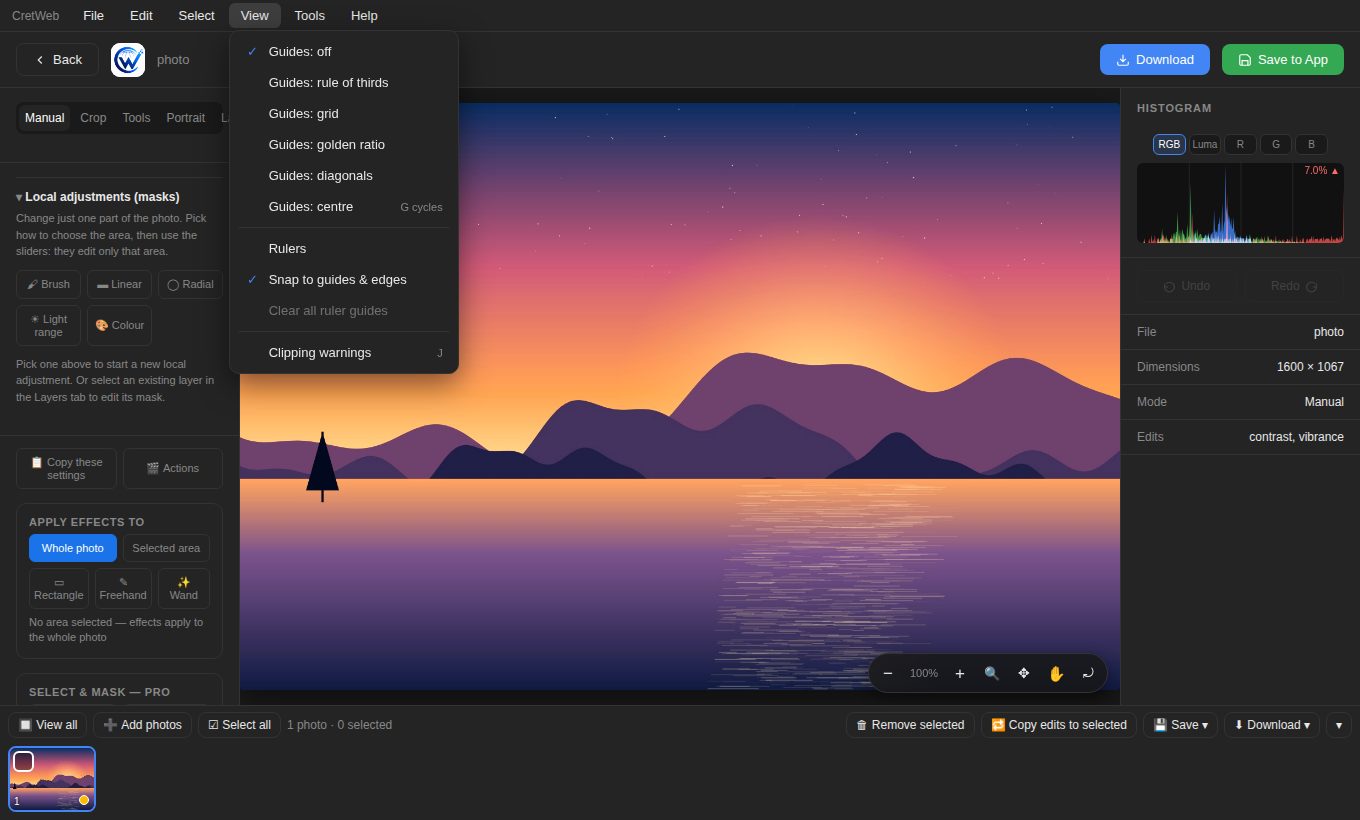 The Cretweb photo editor with the View menu open